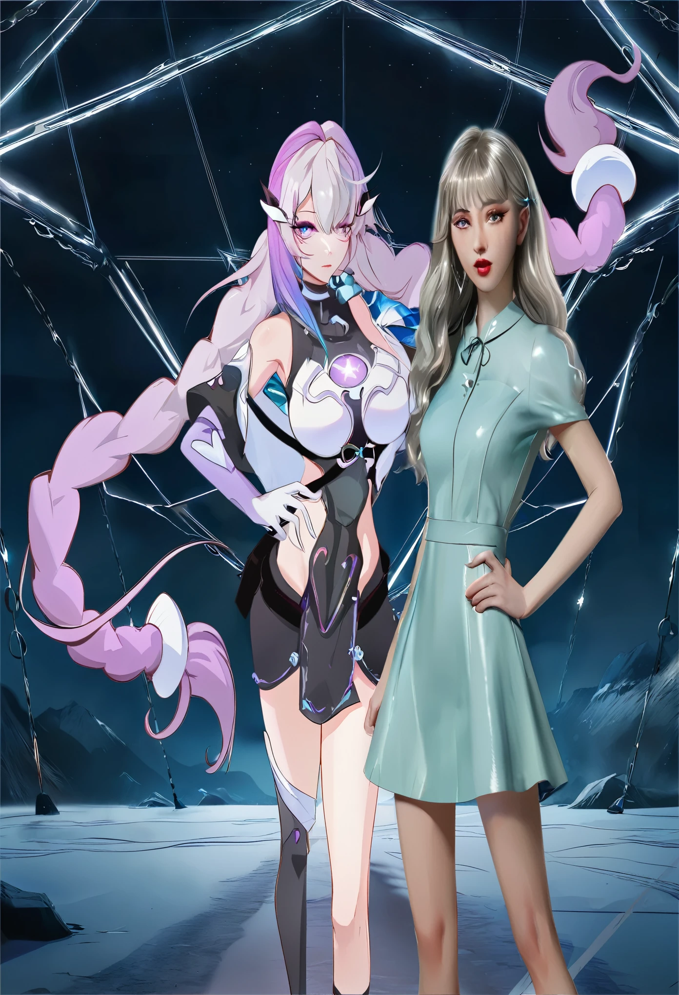 chica anime con un vestido corto parada junto a una mujer con un vestido corto, kda, nixeu y sakimichan, tendencia en cgstation, tendencia en cgstation, xianxia de cuerpo completo, kda y sam que, moon themed outfit, cabello plateado (cola de caballo), inspirado en Wang Duo, wlop y sakimichan