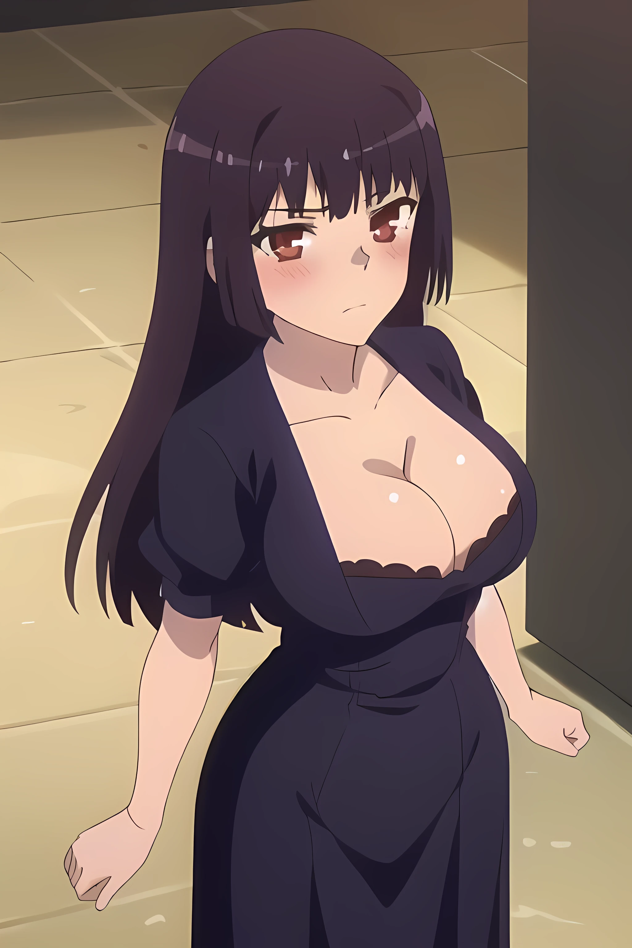 1girl, masterpiece, high quality, huge breast, bright breasts, safe, shining , blush face, cleavage, standing, sana, red eyes, long hair, purple hair, large breasts, bangs, looking at viewer, from above, sexy lace black dress