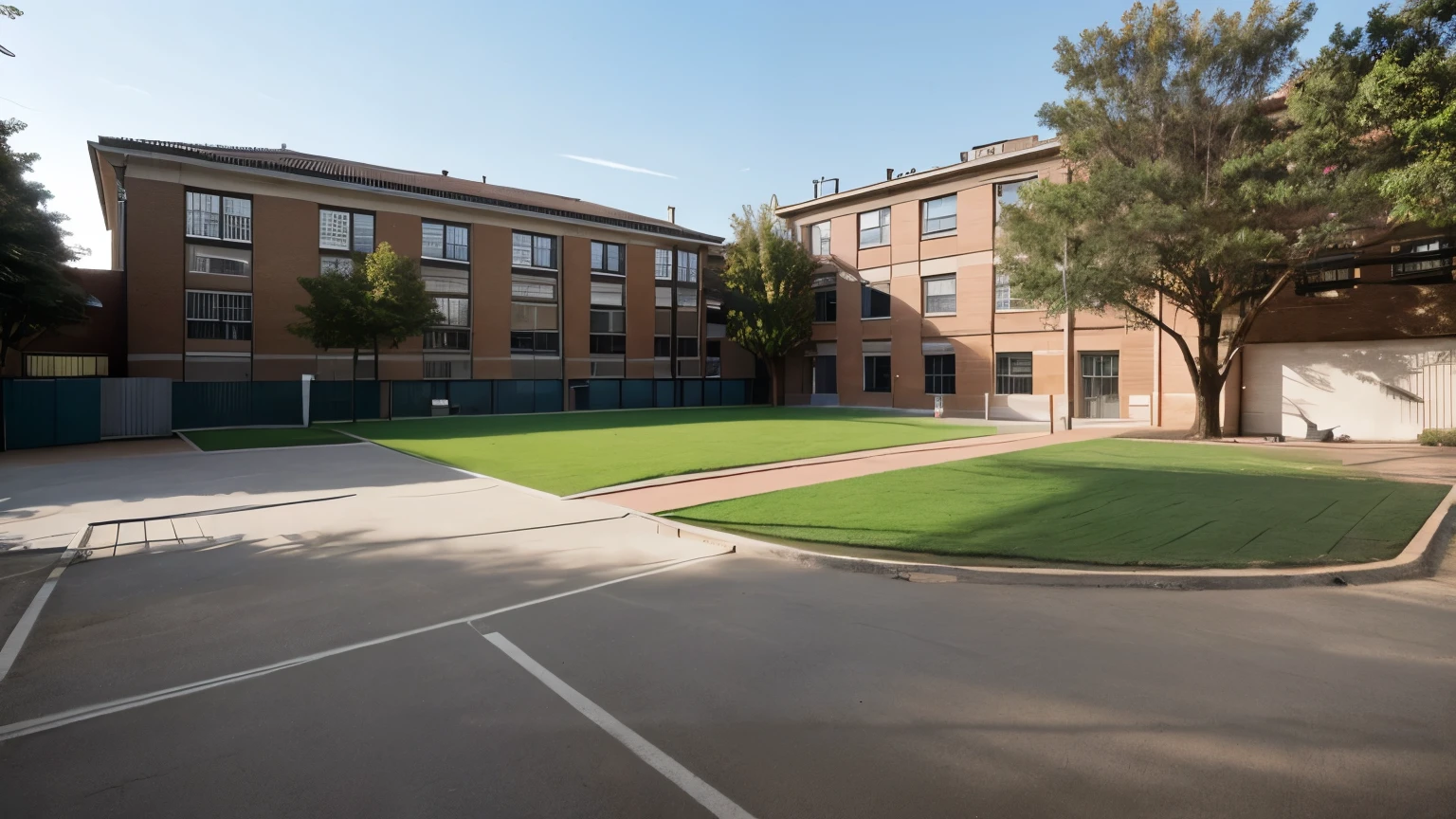 professional realistic photo, school yard, daylight