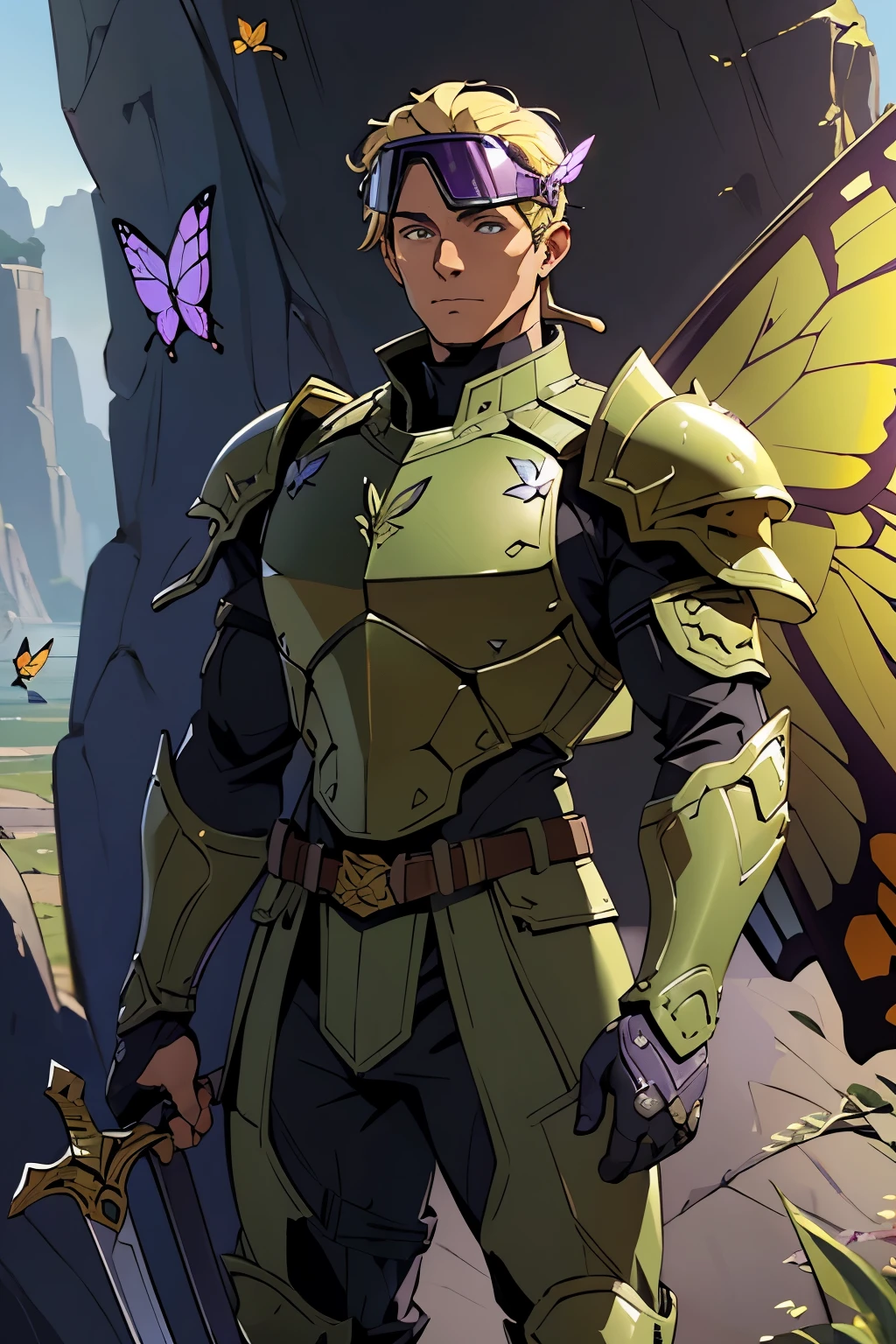a male paladin with olive green armor, helmet, purple belt, (army helmet, visor), blonde hair, butterfly wings, holding a sword in one hand, athletic physique, wide chest, intricate armor details, cinematic composition, fantasy art, digital painting, highly detailed, 8k, photorealistic, (( butterfly wings on his back)) show him standing on a cliff