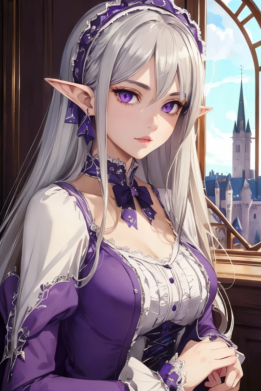 ((best quality)), ((masterpiece)), (detailed), perfect face, girl, arrogant, silver hair, long hair, purple eyes, lolita dress, elf ears, castle on background, princess