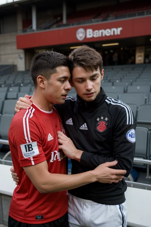 Male English bayer leverkusen fan recomforting another male bayer leverkusen fan in the stands of the stadiumwhile theyre losing 2 - 0