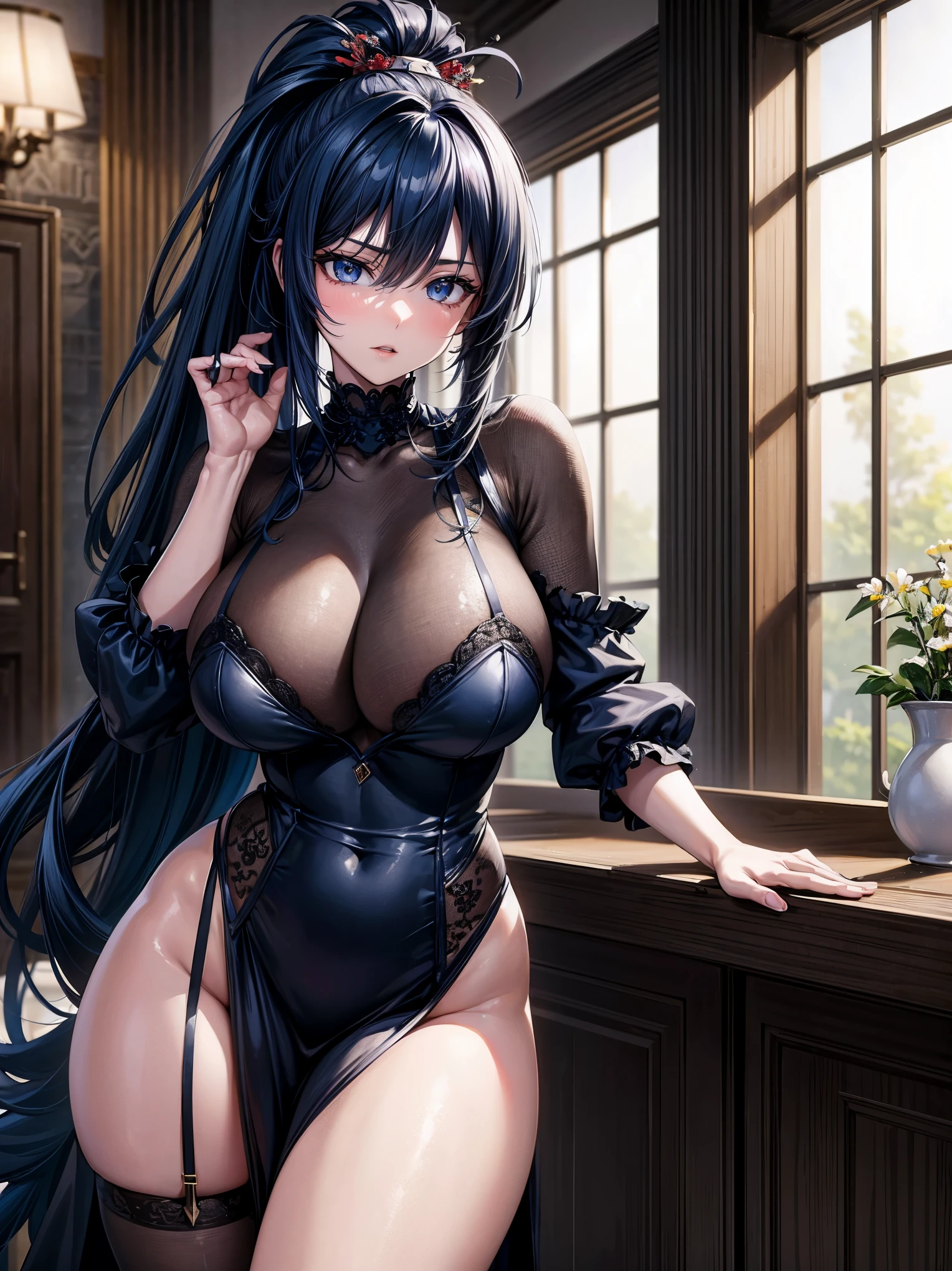 (masterpiece), best quality, highly detailed faces, (SHARP details), 4k, highly detailed, expressive eyes, SHARP detail expressive eyes, (SHARP detail perfect face), long hair, 27 year old woman, standing, modest courtesan dress, blue hair, indoors, clothed, huge breasts, mature, voluptuous, (taimanin asagi), taimanin ninja, modern brothel, prostitute, single flower hair ornament, SFW, ponytail, standing, nice hips, solo, breast squish,