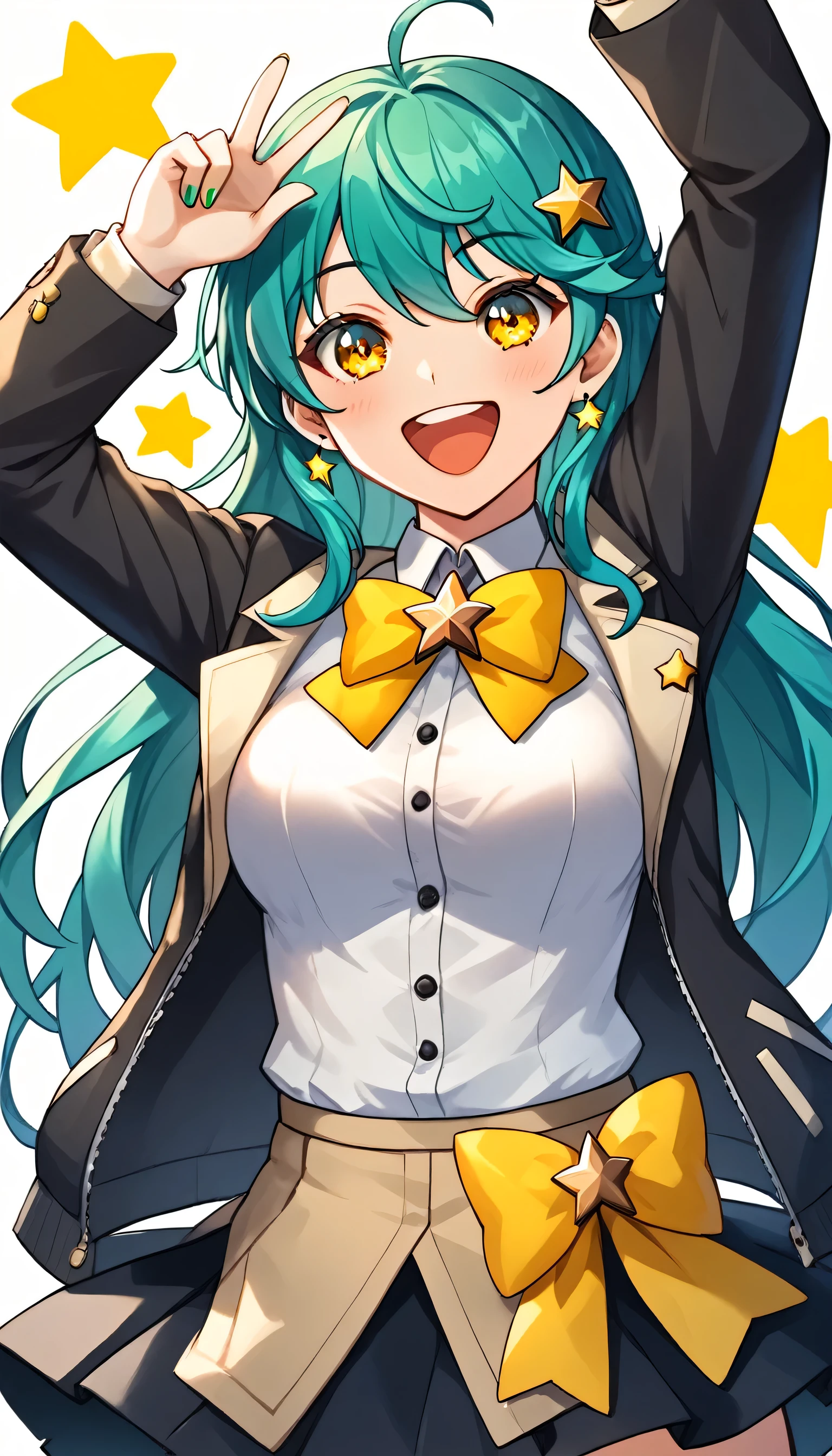 Happy girl with dark turquoise hair, yellow star pin with little face in her hair, attending an anime stand