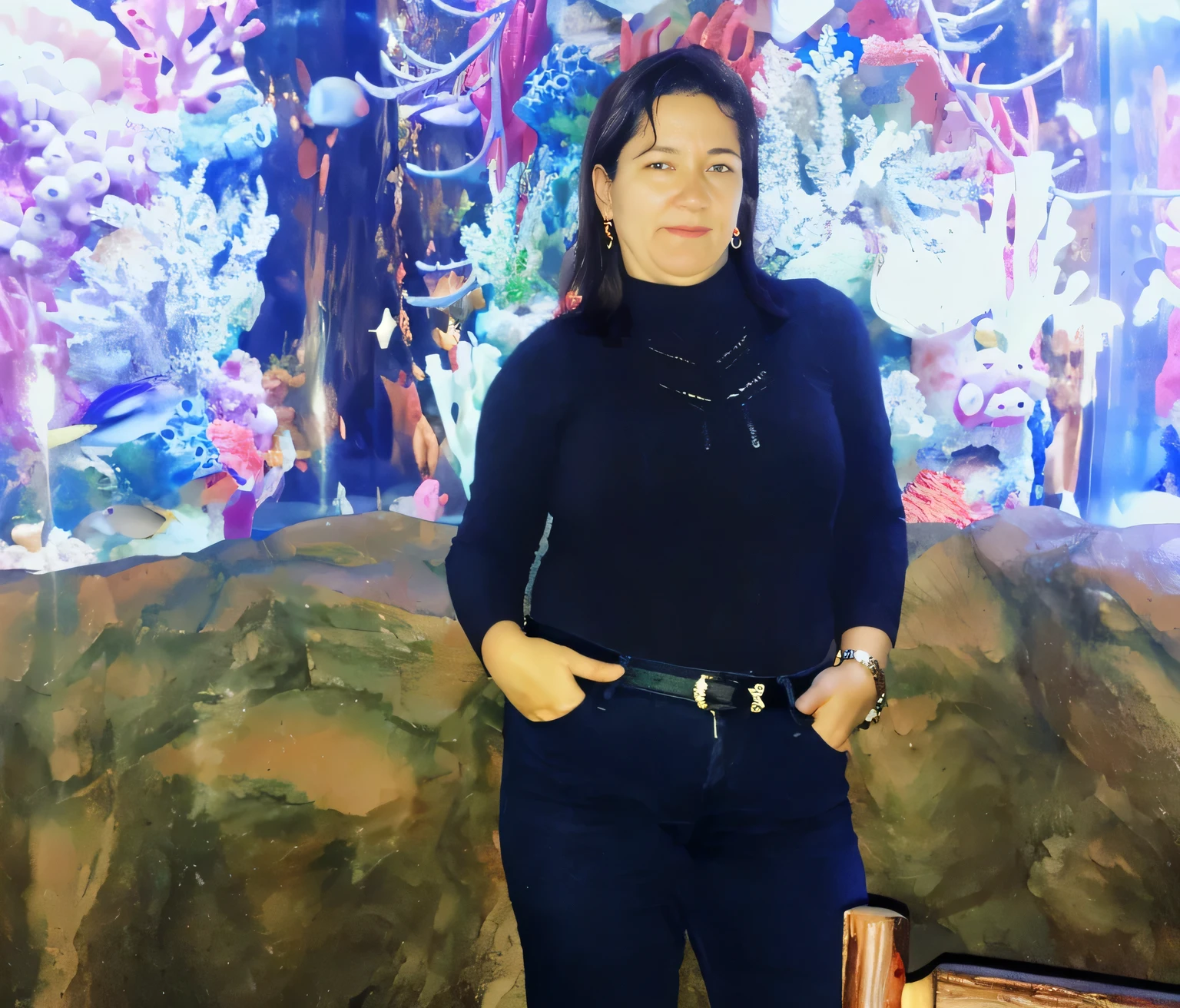 woman standing in front of a fish tank with a large aquarium in the background, standing in a grotto, standing under the sea, 🦩🪐🐞👩🏻🦳, having a good time, full-figure, sandra chevier, profile image, in a beautiful crystal caverine, 40 years woman