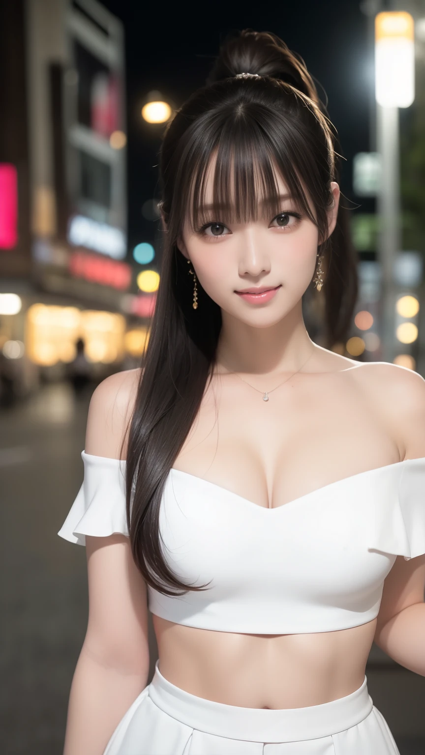 highest quality、Natural Lip、Fair skin、Great light、Beautiful lighting、((Straight hair))、((Ponytail Hair))、((Black Hair))、Blunt bangs、Off the shoulder、Large Breasts、Large Breastsの谷間、White crop top、mini skirt、Gorgeous Accessories、Harajuku at night、smile、かわいいsmile、Crowd in the city at night