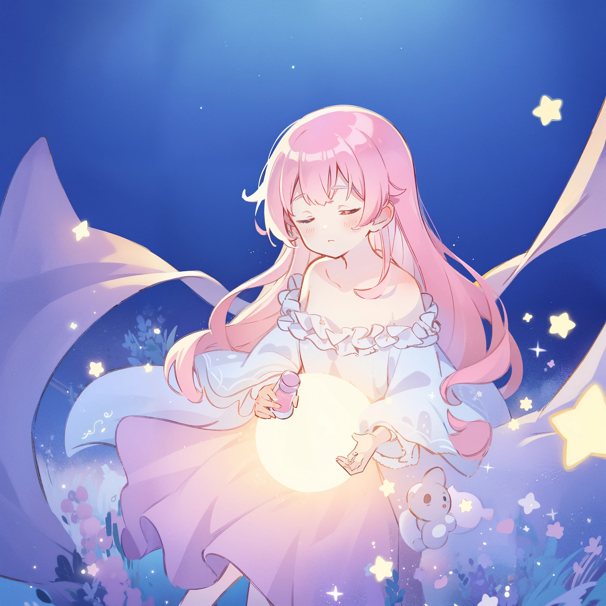 complex background, wishing star background, a woman wearing an ethereal mystical pink translucent dress that reflects the stars, dreamy, peaceful, serene composition, glowing stars, glowing, perfume promo art, mystic, complex drawing, highly detailed, Covergirl brand, promo art, artistic rendition, ethereal, starry night, midjourney style