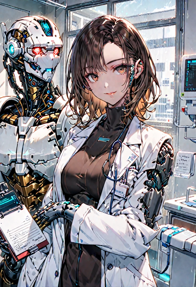 solo, female, sfw, medium shot, large breasts, muscular, cyborg limbs, doctor, brown hair, brown eyes, cyborg arms, turtleneck, white lab coat, hospital, notepad, gentle smile, day