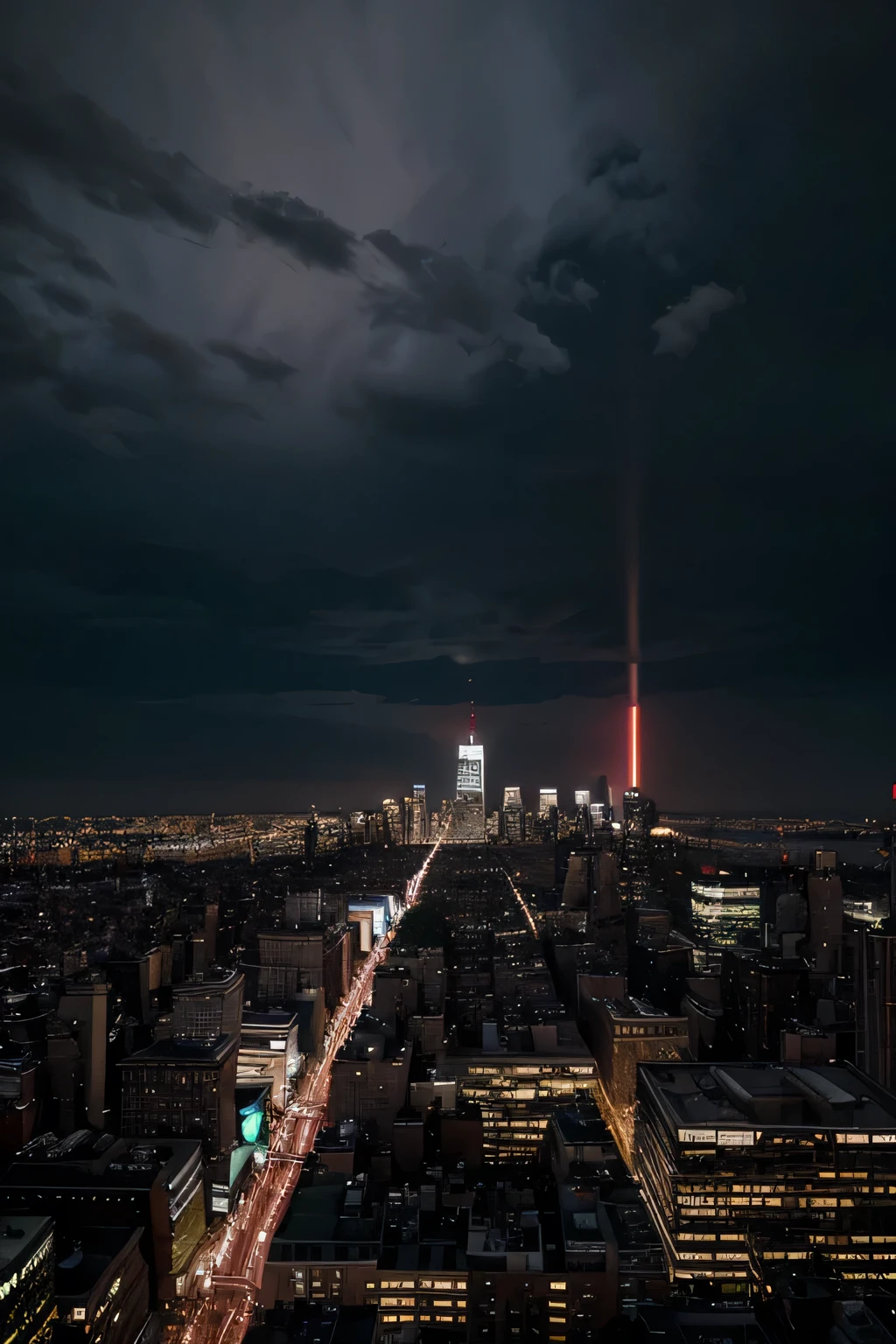 Un paisaje hermoso de la ciudad de Nueva York, while it is raining and the buildings light up the entire city at night.