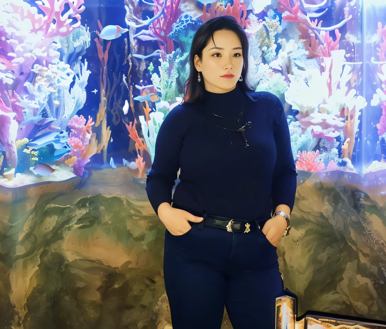 woman standing in front of a fish tank with a large aquarium in the background, standing in a grotto, standing under the sea, 🦩🪐🐞👩🏻🦳, having a good time, full-figure, sandra chevier, profile image, in a beautiful crystal caverine, 40 years woman