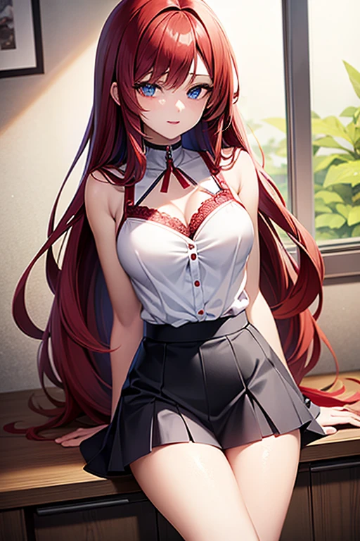 A beautiful anime girl with long red hair and striking blue eyes, wearing a short skirt and an open white shirt that reveals a black and red lace bra,
