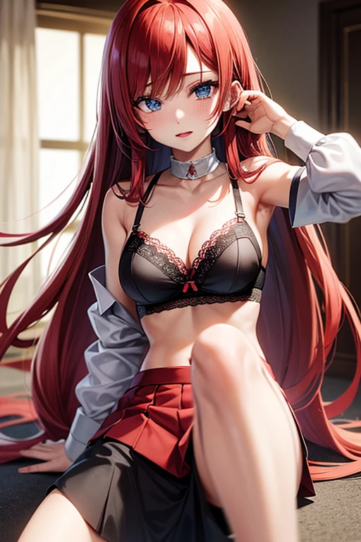 A detailed anime girl, long red hair, beautiful blue eyes, wearing a short skirt, open white shirt revealing a black and red lace bra