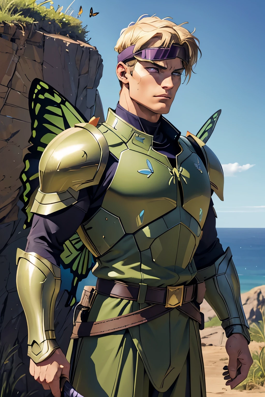 a male paladin with olive green armor, helmet, purple belt, (army helmet, visor), blonde hair, butterfly wings, holding a sword in one hand, athletic physique, wide chest, intricate armor details, (( butterfly wings on his back)). Square jaw, strong jaw line, scar over right eye. show him standing on a cliff