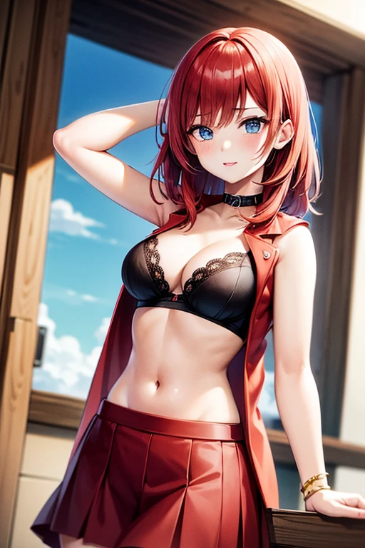 An anime girl with red hair and blue eyes wearing a skirt and an open shirt revealing a black and red bra