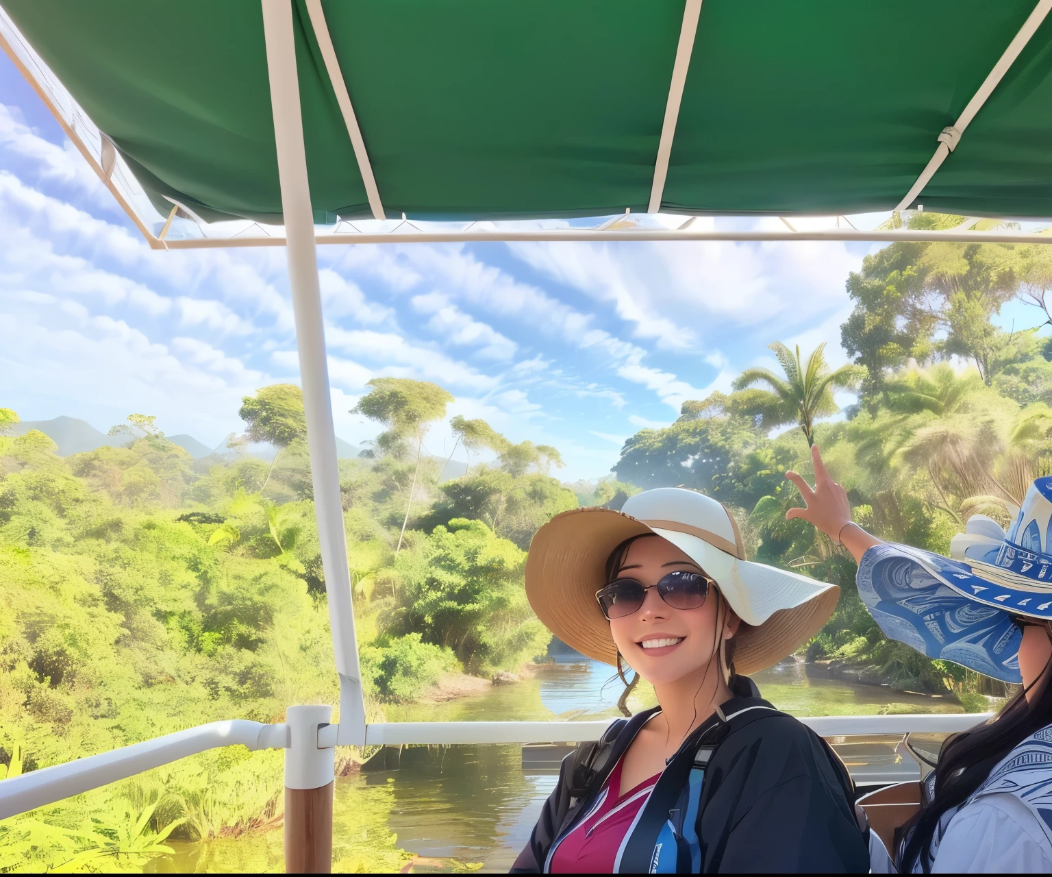 there are two women riding em um barco on the water, wearing a travel hat, Na proa, em um barco, em um barco on a lake, me divertindo muito, selvas ao fundo, em um dia brilhante, em um rio africano, In the background is a lush jungle, with lots of vegetation, Visor user's point of view, Vistas bonitas