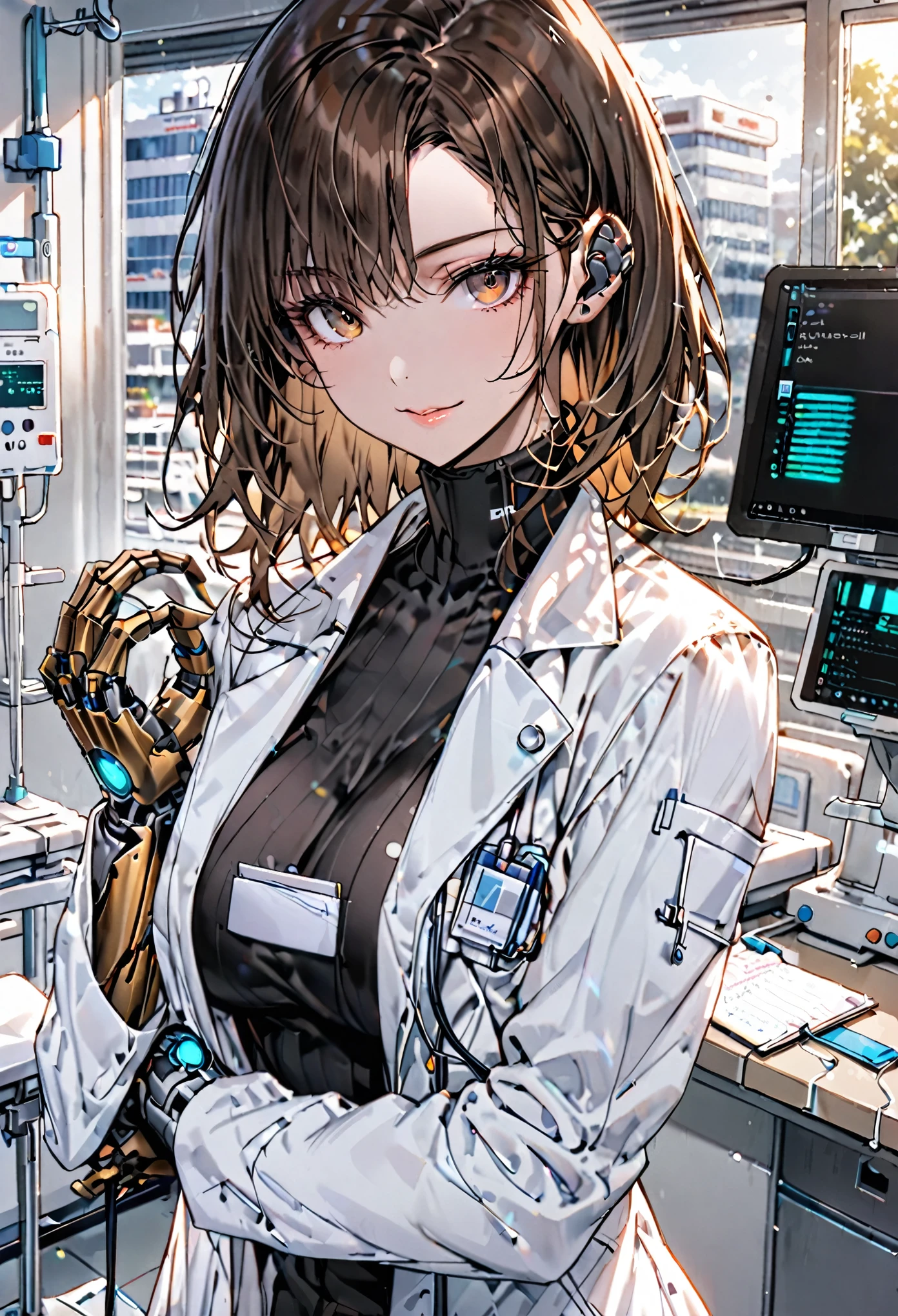 solo:1.4, female, sfw, medium shot, large breasts, muscular, doctor, brown hair, brown eyes, cyborg hands, turtleneck, white lab coat, hospital, notepad, gentle smile, day