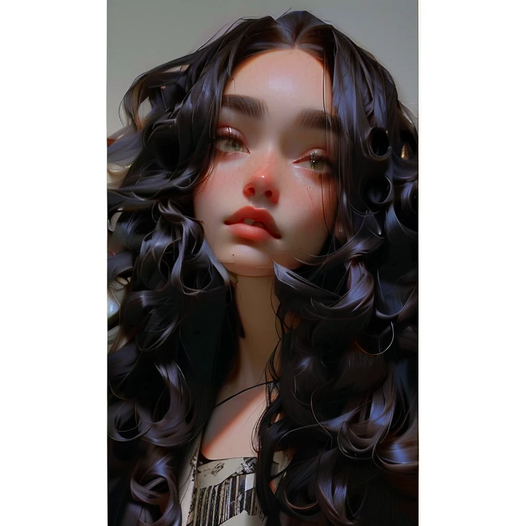 (Obra Prima, Melhor Qualidade, 4K, Realista), Litografia realista, um close up de uma mulher com longos cabelos pretos e uma camisa rosa, 18 anos de idade, imagem frontal, 1 6 anos, cabelo preto longo e ondulado, sem maquiagem cabelos ondulados, cabelo preto longo e encaracolado, cabelo preto longo e cacheado, cabelo preto ondulado, cabelo preto longo e ondulado, cabelo escuro cacheado, cabelo preto longo e encaracolado, cabelo preto longo e cacheado