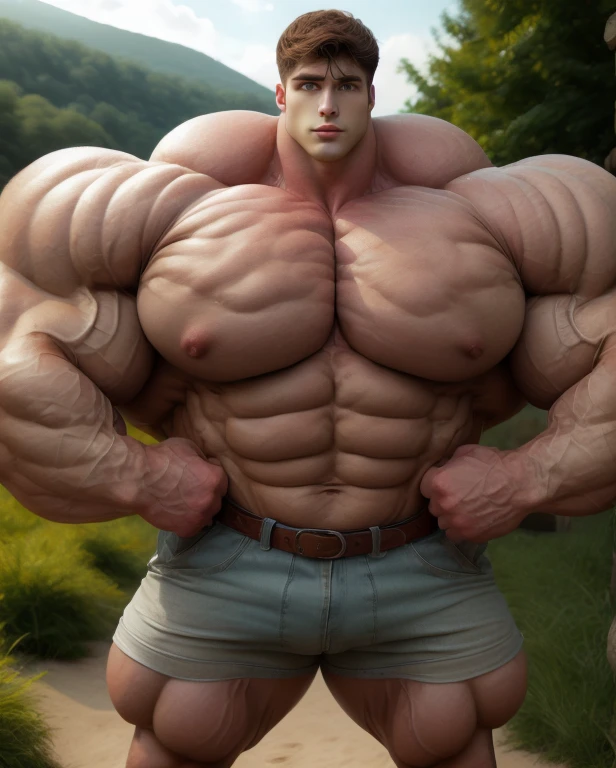 1 man, handsome, giant, buzz haircut, model shoot style, looking at camera, standing up, cool ambiance, outdoor, large dry meadows, strong body, bulk, naked, wear latex jumpsuit, bulge, big, brutalmass, giant, muscular body, bulk, massive body, large meaty body size, brown skin, huge arms, ballooning meaty chests. Realistic, intricate detail