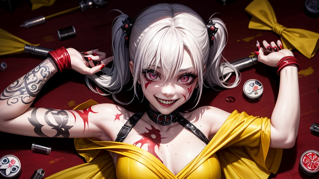 tattoo girl, very beautiful, murderous, Harley Quinn, crazed look, dark background, 8K, dynamic wallpaper, very delicate, very dense, creepy smile, close up to camera, yellow prom dress with blood splotches on the dress, prom background, lying on the floor 