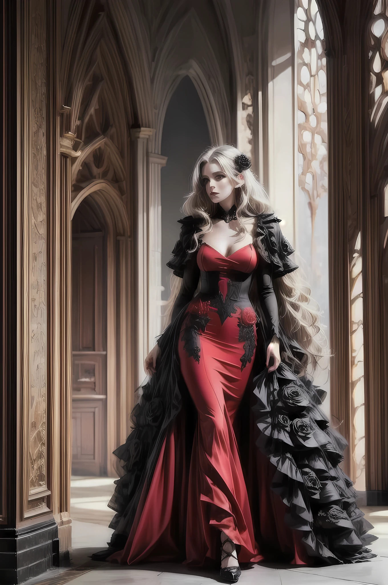 Dark fantasy art, fantasy art, goth art, a picture of a female vampire, exquisite beauty, full body shot, dark glamour shot, pale white skin, dark blond hair, long hair, wavy hair, (grey: 1.3) eyes, she wears a (red: 1.5) dress, ArmoredDress, the dress is decorated with (black: 1.5) roses, betmd, high heels, dark castle background,
 