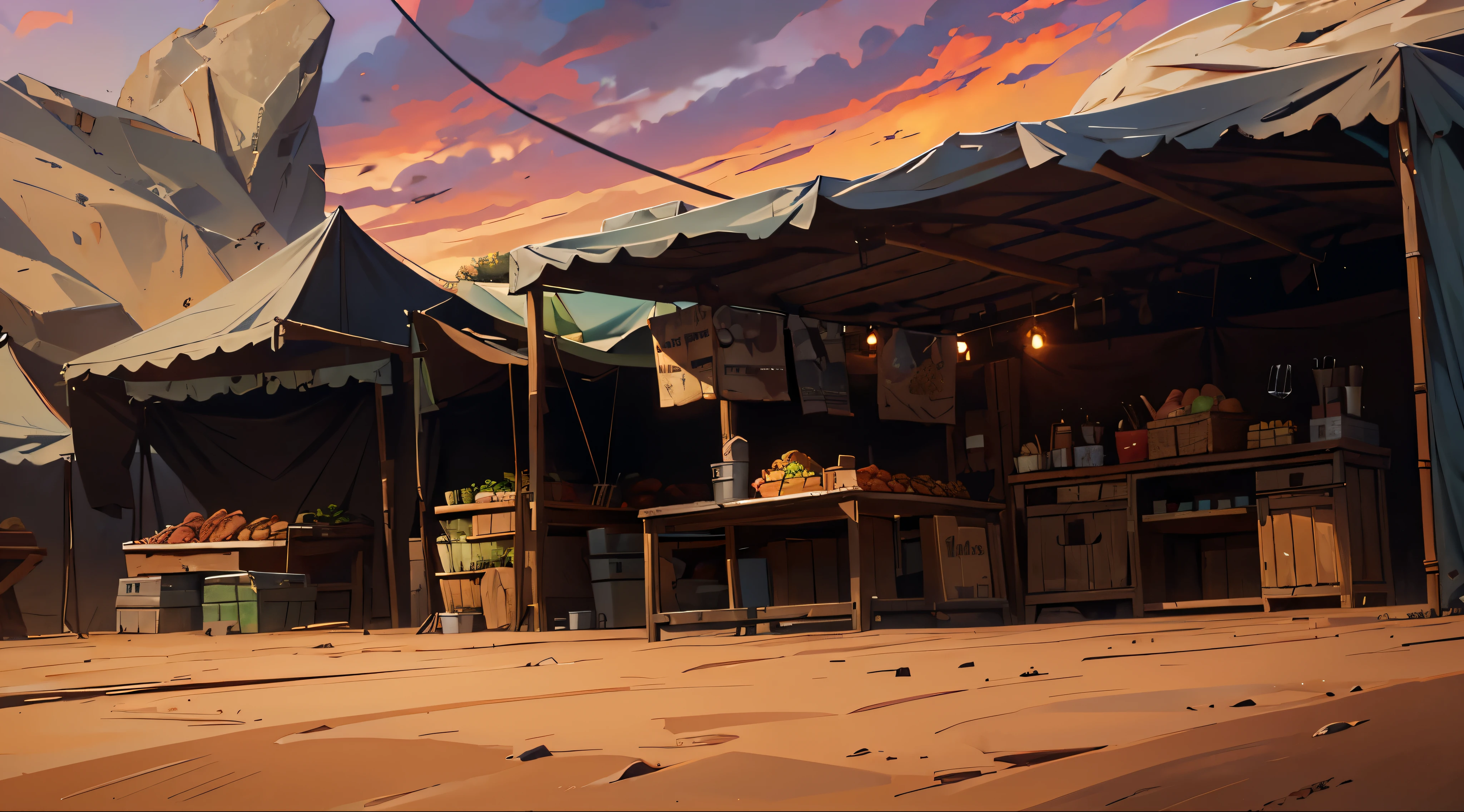 far away market tents, ((super giant dark rock wall behind market stalls)), super wide dirt ground, cloudy dawn sky, dark morning, medieval market, market tents, selling weird foods, odd plants in the basket, animal bones, monster meat on the table, daybreak sky, clouds, dirt ground,