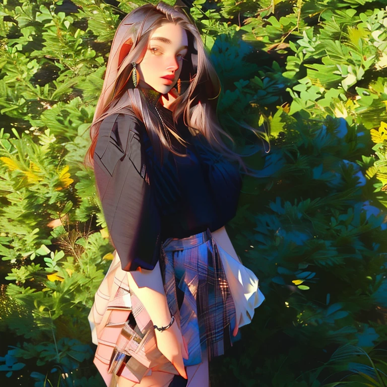 (Obra Prima, Melhor Qualidade, 4K, Realista), Litografia realista, Woman in black skirt and top standing in front of a bush, imagem de perfil, foto de perfil, 14 anos de idade, 1 5 anos, imagem de perfil, pose casual, foto tirada em 2 0 2 0, fishnet stockings and a long plaid skirt, very qualidade muito baixa, qualidade muito baixa, 15 anos de idade, 2 modelo feminino de 4 anos