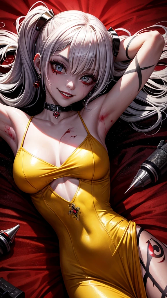tattoo girl, very beautiful, murderous, Harley Quinn, crazed look, dark background, 8K, dynamic wallpaper, very delicate, very dense, creepy smile, close up to camera, yellow prom dress with blood splotches on the dress, prom background, lying on the floor 