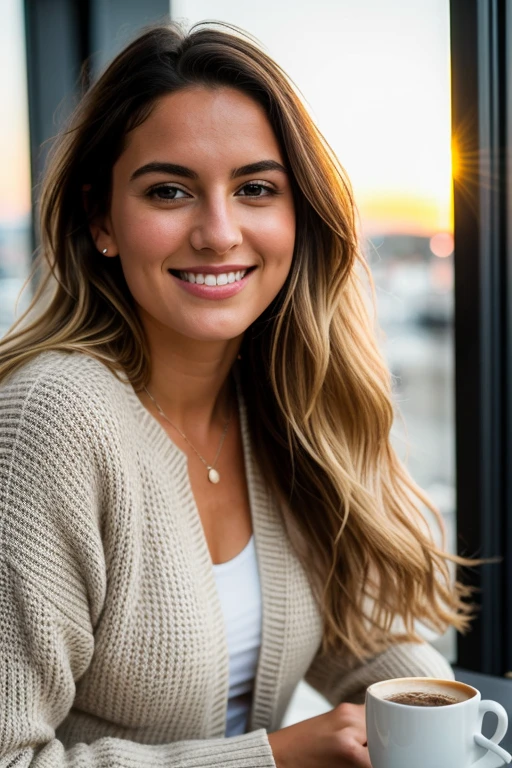 beautiful blonde wearing beige sweater (Sit down in a modern café at sunset and sip a coffee), sehr detailiert, 21 Jahre alt, unschuldiges Gesicht, naturally wavy black hair long, Blaue Augen, high resolution, Meisterwerk, Best quality, komplizierte Details, sehr detailliert, scharfer Fokus, DETAILLIERTE HAUT, realistisch skin Textur, Textur, detaillierte Augen, Fachmann, 4k, charming smile, gedreht mit Canon, 85mm, shallow depth of field, Kodak Vision Farbe, perfectly fitting body, extrem detailliert, Foto_\(Ultra\), photorealistisch, realistisch, Nachbearbeitung, Maximale Detailliertheit, Rauheit, wahres Leben, Ultra realistisch, Fotorealismus, Fotografie, 8k uhd, Fotografie