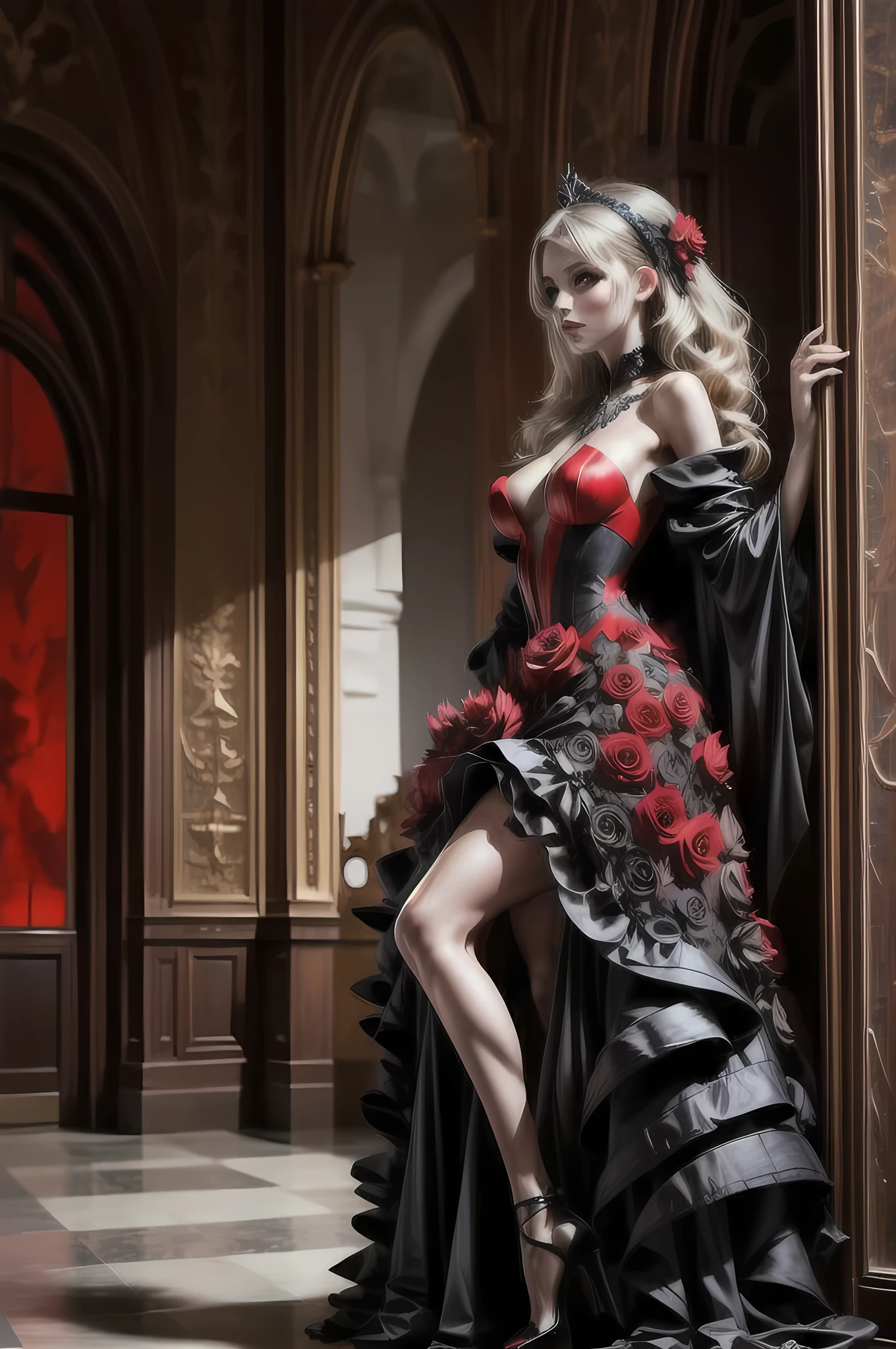 Dark fantasy art, fantasy art, goth art, a picture of a female vampire, exquisite beauty, full body shot, dark glamour shot, pale white skin, dark blond hair, long hair, wavy hair, (grey: 1.3) eyes, she wears a (red: 1.5) dress, ArmoredDress, the dress is decorated with (black: 1.5) roses, betmd, high heels, dark castle background,