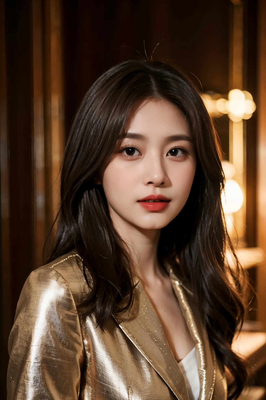 Young woman, 25 years, Clear skin, Brown medium-length wavy hair, Zhongfa, Surreal, high quality, 8K, 4k, Better quality, Dress like a fashionista, Business Woman, successful,