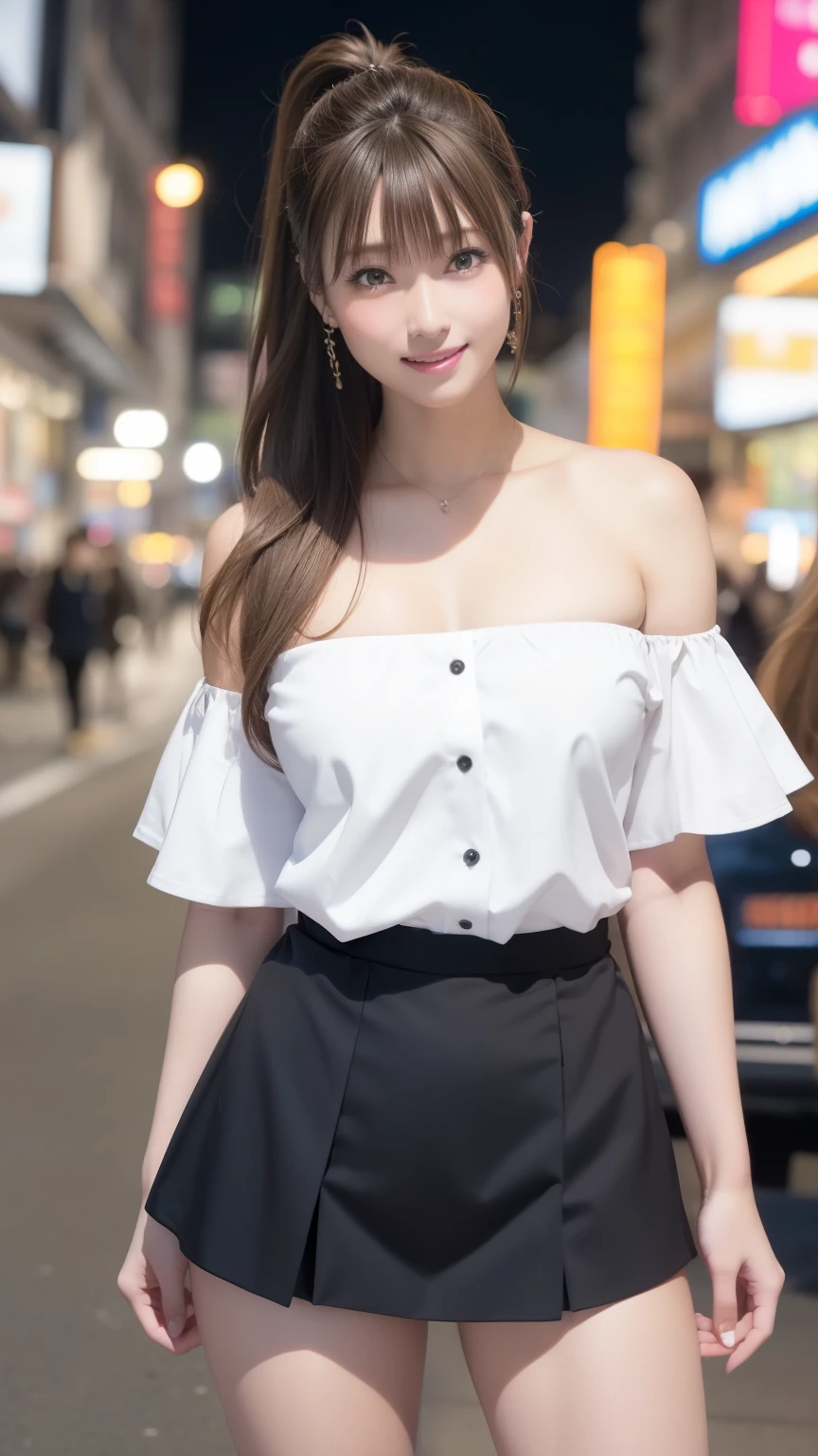 highest quality、Natural Lip、Fair skin、Great light、Beautiful lighting、((Straight hair))、((Ponytail Hair))、((Brown Hair))、Blunt bangs、Large Breasts、Large Breastsの谷間、Off the shoulder、白いOff the shoulderTシャツ、mini skirt、Gorgeous Accessories、Harajuku at night、smile、かわいいsmile、Crowd in the city at night