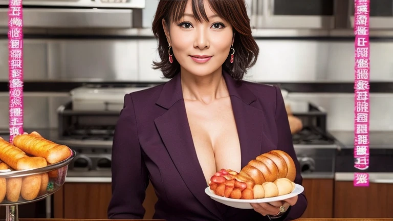 woman、60 years old、business suit、Saggy breasts、Big Breasts、Eating a frankfurter、