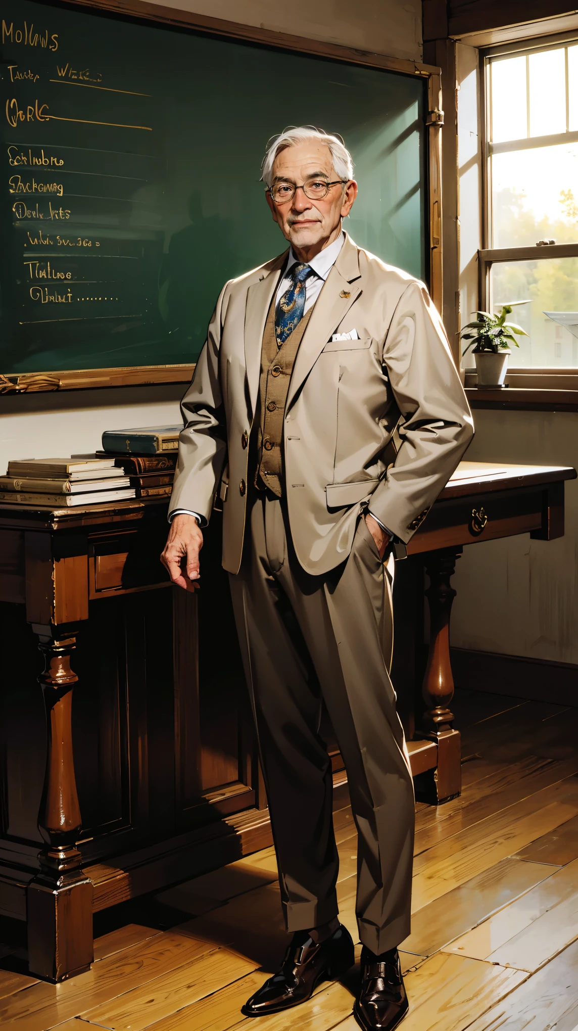 (ultra-detailed, photorealistic, best quality, 4k, 8k, highres, masterpiece:1.3), a kind and wise elderly man, exuding warmth and respect, standing in a quaint, traditional schoolhouse setting. He has neatly combed silver hair and a gentle face adorned with deep-set wrinkles, highlighting his years of wisdom and experience. He wears a tweed jacket over a crisp dress shirt and a patterned tie, paired with tailored brown trousers and polished leather shoes. He has a pair of spectacles resting low on his nose and a friendly, welcoming smile. His hands are clasped in front of him, holding a classic leather-bound book. The schoolhouse is filled with wooden desks, chalkboards, and educational posters, with sunlight streaming through the large windows, creating a nostalgic atmosphere. The scene captures his dignified stance and the aura of kindness and authority that he brings to his teaching, (intricate detail, super finely detailed hands, ultra finely detailed fingers, full body showcase, show full body).