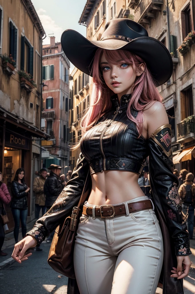 neopolitan, neopolitan, long hair, brown hair, (brown eyes:1.3), pink hair, multicolored hair, pink eyes, two-tone hair, (heterochromia:1.2), split-color hair, BREAK gloves, hat, navel, brown eyes, detached sleeves, midriff, belt, pants, white gloves, black headwear, bowler hat, BREAK outdoors, dystopian future, venice, italy, river, gondola, (crowd in military uniforms), bonfires, BREAK looking at viewer, (cowboy shot:1.5), BREAK (masterpiece:1.2), best quality, high resolution, unity 8k wallpaper, (illustration:0.8), (beautiful detailed eyes:1.6), extremely detailed face, perfect lighting, extremely detailed CG, (perfect hands, perfect anatomy),