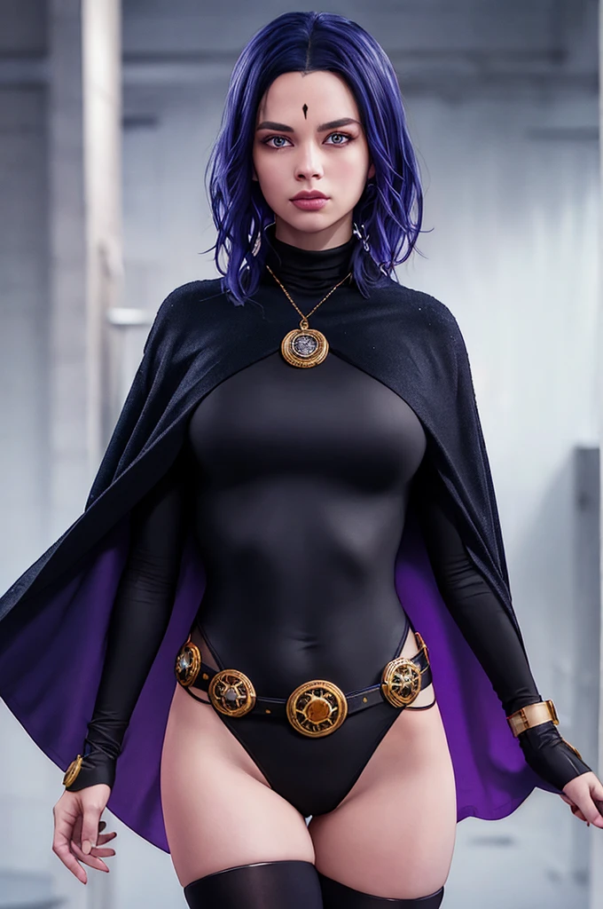 1girl, cowboy shot of rvn, hotraven, pale skin, black leotard, turtleneck, tights, cape, glowing eyes, gold belt, jewels, medallion, athletic, looking at viewer, night, dark forest, mist, fog, volumetric lighting, best quality, masterpiece, intricate details, tonemapping, sharp focus, hyper detailed, trending on Artstation, realistic