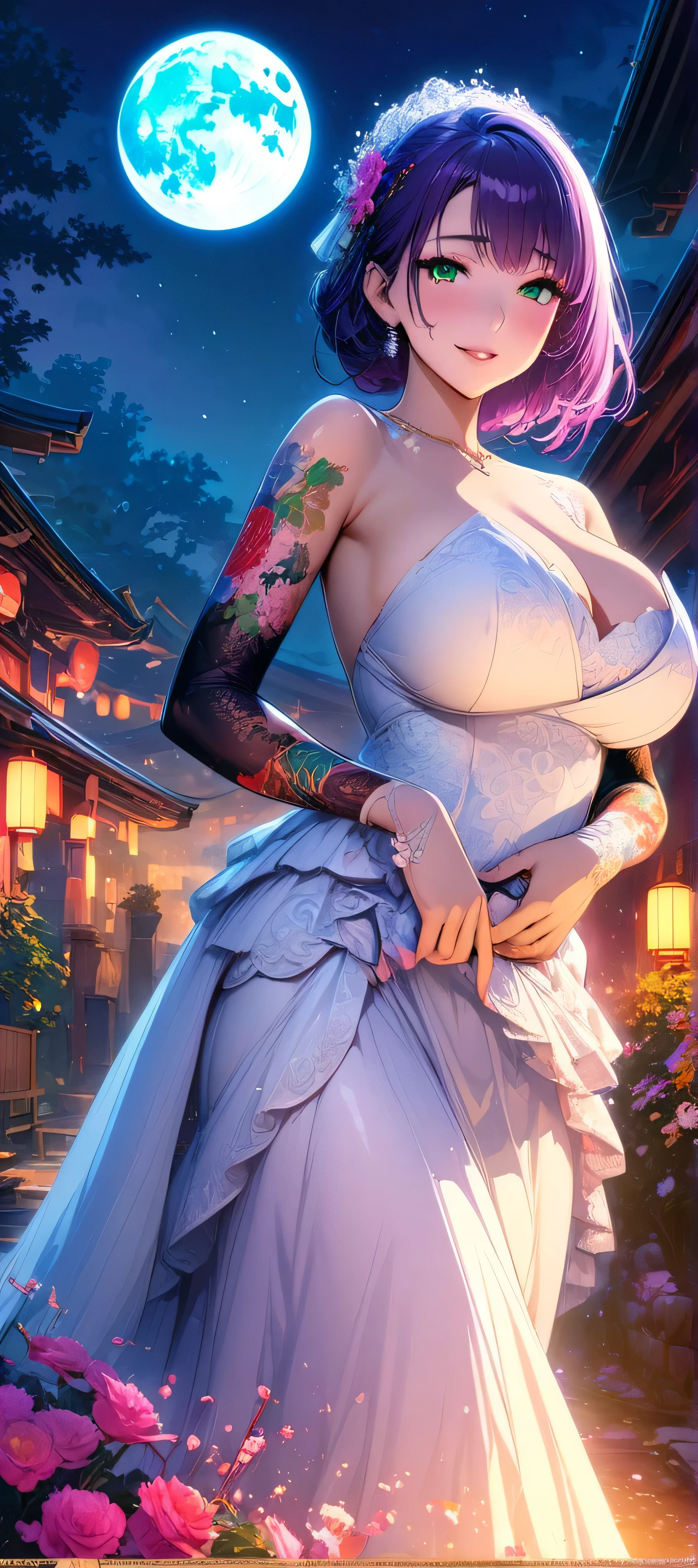 (masutepiece, of the highest quality, Best Quality, Official art, Beautiful and aesthetic:1.2),  Extremely detailed,(Colorful:1.1),highest details, one arafed woman with purple hair and green eyes, japanese tattoo sleeve on her right arm, big breast, wedding dress, sfw, night, blue moon