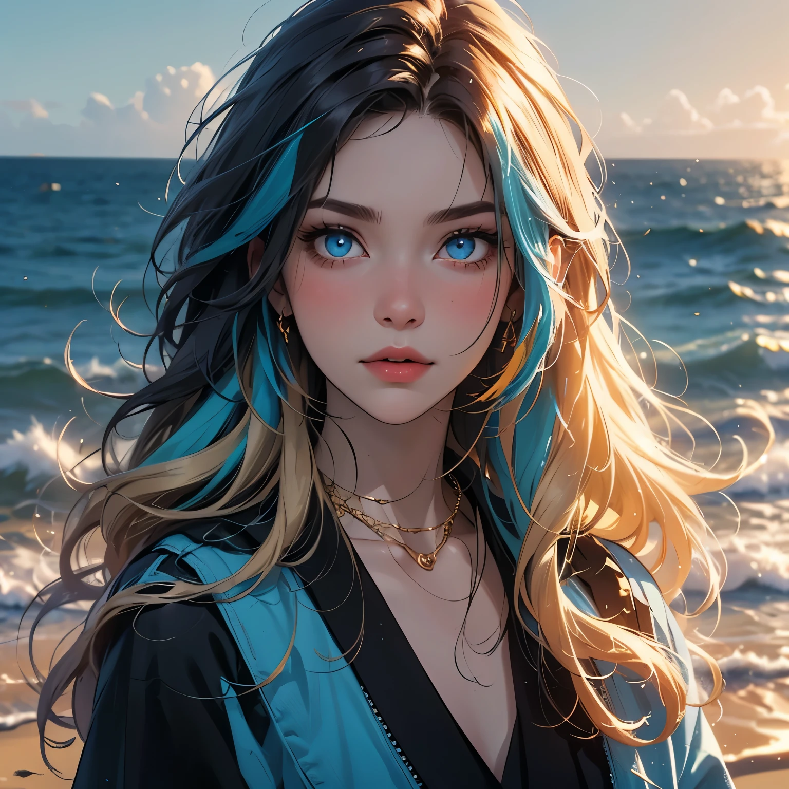 "(best quality:1.2, highres, 4k, 8k, masterpiece), solo, golden hair, k/da, long hair, vibrant dyed hair, flowing hair, blue eyes, two-toned hair, beach, portraits, vivid colors, intense lighting, dynamic pose"