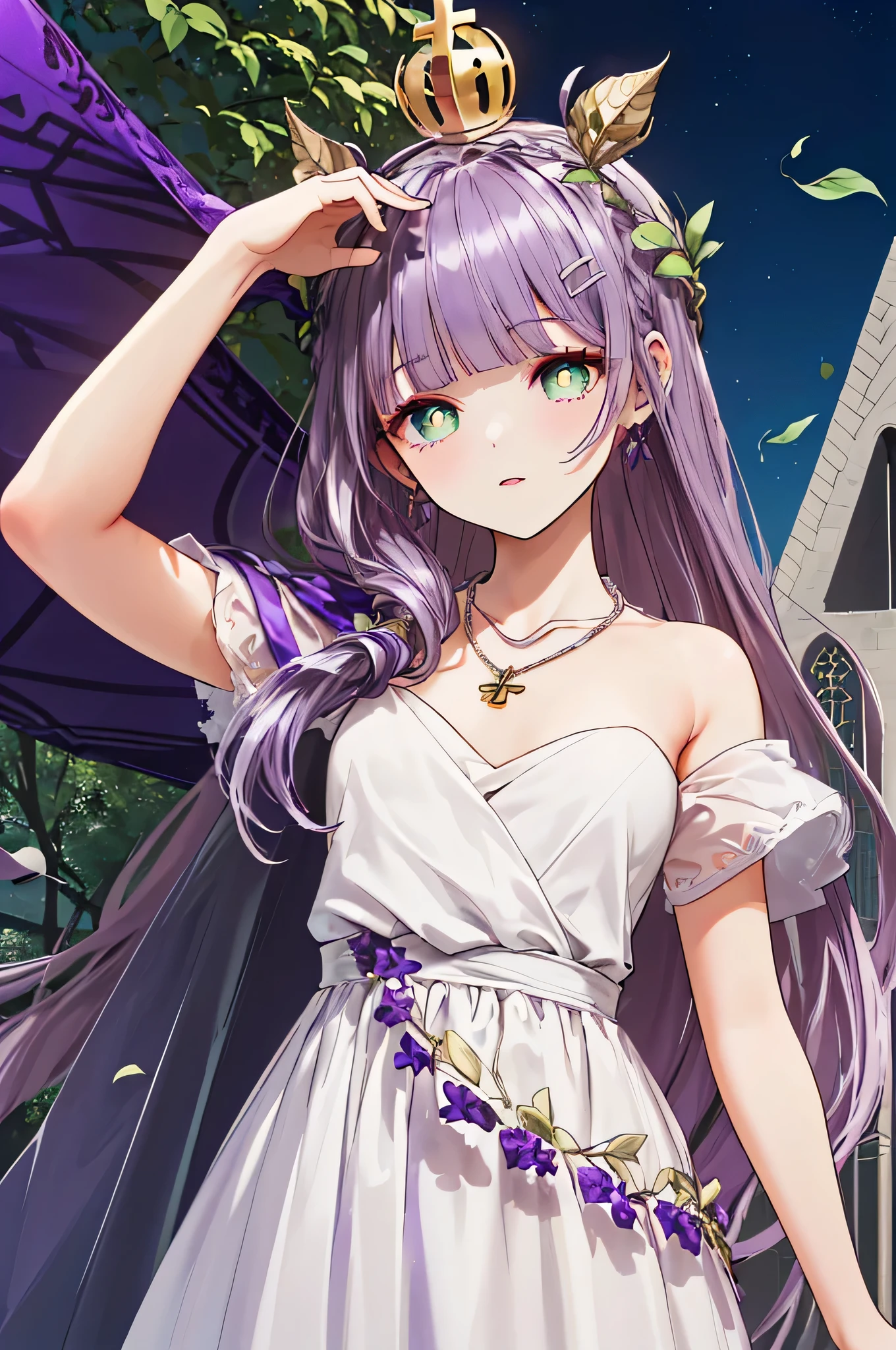 (((((purple hair,yellow necklace,leaf crown,green pupils))))),((((((outdoor,beautiful  cathedral,)))))(((white wedding gown,white short skirt))), (geometric:1.1), ((mature,amazing,cute girl，Solo，cowboy shot,))(Masterpiece,Best quality, offcial art, Beautiful and aesthetic:1.2),(16k),((small breasts)),(god lighting,),Sharp focus, (((highdetailskin,))),Intricately detailed clothing，Delicate pupils,((((long hair|detailed hair||blunt bangs|sidelocks)))),Slender,(masterpiece sidelighting),(The sheen),(beautiful hair,beautiful eyes,）((unbelievable Ridiculous quality,blur background,bokeh:60mm)),((extremely_Detailed_Eyes_and_face)),Movie girl,(Dynamic posture:1.2),Brilliant,Glossy, ((hairclip)),Ultra-precise depiction, Ultra-detailed depiction,(((purple hair))),(((cathedral background))),