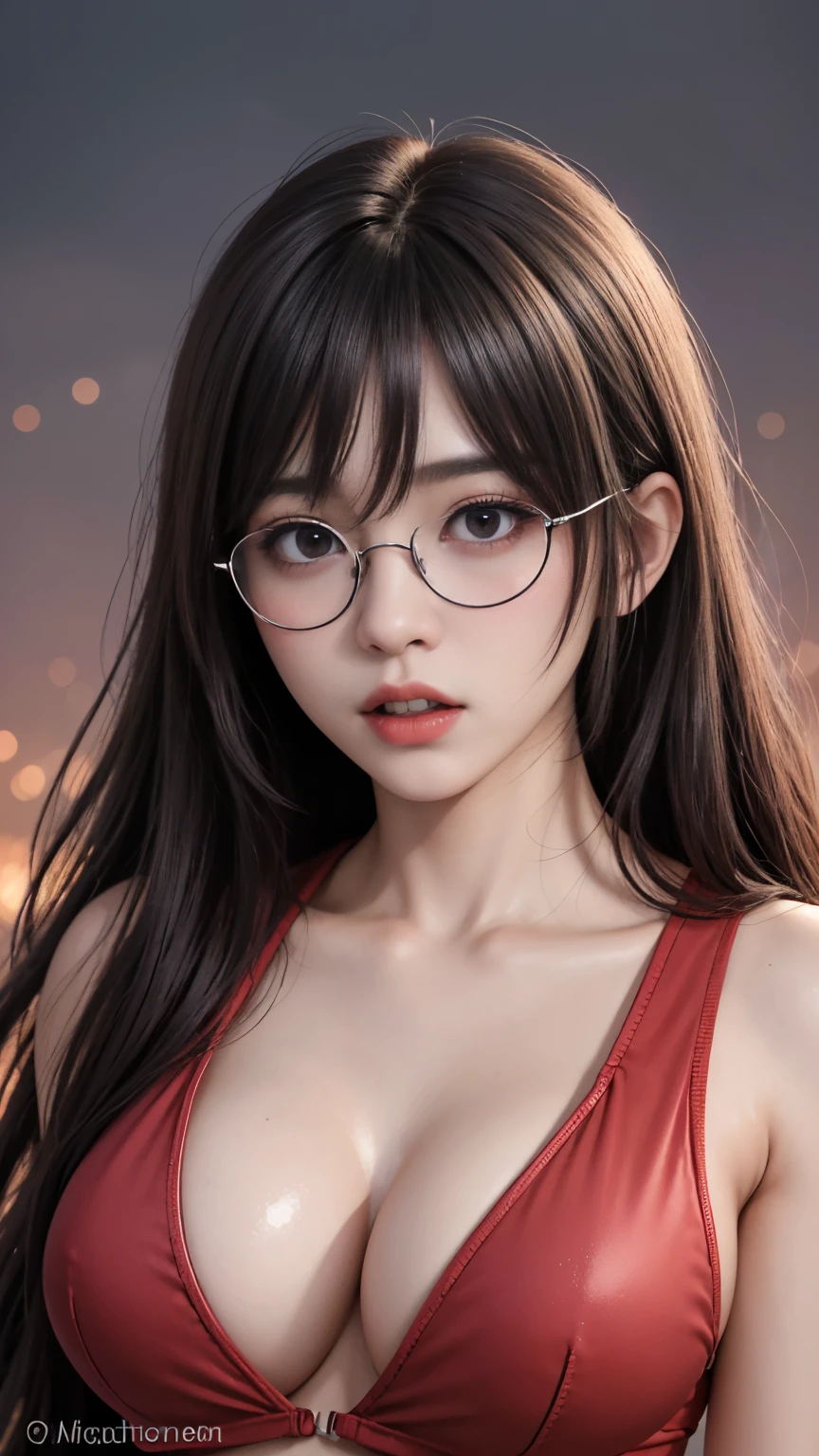 background（Black Night Sky，Big Moon），Woman close up，Wearing a white shirt、Purple Hair，Very long hair，very thick braids，Purple eyes，big 、((((Glasses))))、 realistic girl rendering, 8k artistic german bokeh, Enchanting girl, Realistic girl, Gurwitz, Gurwitz-style artwork, Girl Roleplay, Realistic 3D style, cgstation Popular Topics,, 8K Portrait Rendering,（Faithfulness，Faithfulness：1.4），Wear pink pajamas，巨big ，Sparkling eyes，Purple eyes、(highest quality,4K,8k,High resolution,masterpiece:1.2),Very detailed,(Realistic,photoRealistic,photo-Realistic:1.37),Mythical monster,Beast-like creature,Muscular,Six big legs,Stand like a gorilla,Red fur covering the body,two big horns,Boar tusk,Sharp Claws,huge shape,Burning Fire Magic,Energy aura,A menacing presence,Glowing Eyes,Intimidating posture,Dark Environment,Smoke-filled air,Ominous Shadow,Majestic and fierce,Explosive power,Vibrant colors,Bold,Horror art style,Dynamic configuration,Dramatic lighting,Muscle layers,large sharp teeth,Sharp Edges,Very detailedスケール,Fiery Crack,Burning Flames,Ferocious look,Burning with anger,Surrounded by sparks and embers