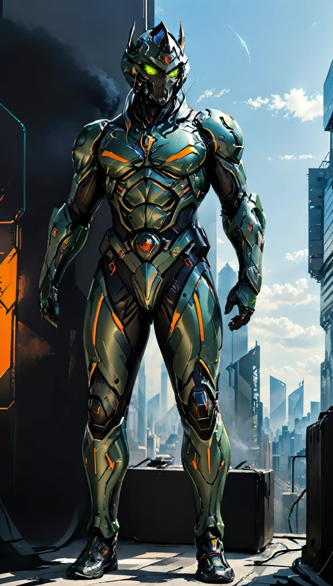 A man wearing a full-face helmet, a fantasy-style biotech armored combat suit, green eyes, (a composite layered chest armor), fully enclosed shoulder guards, matching arm and leg guards, the belt is adorned with 666 mark, (the color scheme is primarily red with yellow and white accents), the design balances heavy with agility, a high-tech bio-mecha armor, (Armor Concept Inspired by Demon, stand on the top of a skyscraper in a futuristic sci-fi city), this character embodies a finely crafted fantasy-surreal style armored hero in anime style, exquisite and mature manga art style, (battle damage, element, plasma, energy, the armor glows), ((male:1.5)), metallic, real texture material, dramatic, high definition, best quality, highres, ultra-detailed, ultra-fine painting, extremely delicate, professional, perfect body proportions, golden ratio, anatomically correct, symmetrical face, extremely detailed eyes and face, high quality eyes, creativity, RAW photo, UHD, 32k, Natural light, cinematic lighting, masterpiece-anatomy-perfect, masterpiece:1.5