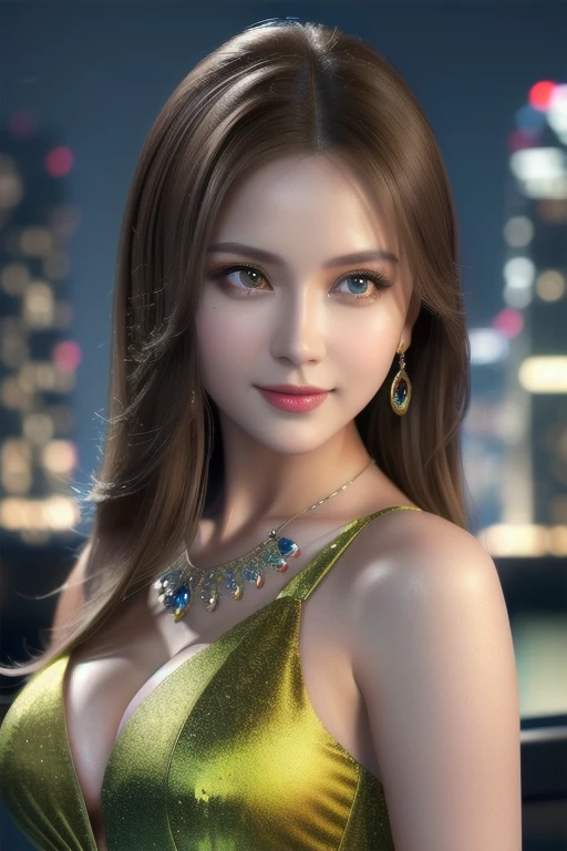 a beautiful russian woman in her 20s, light brown hair, fine white skin, attractive face, tight waist, cleavage, smiling kindly, wearing stylish clothes and necklace, active posing, detailed eyes, nose, lips, long eyelashes, perfectly balanced body, rough hairstyle, (best quality,8k,highres,masterpiece:1.2),ultra-detailed,(realistic,photorealistic,photo-realistic:1.37),HDR,UHD,studio lighting,ultra-fine painting,sharp focus,physically-based rendering,extreme detail description,professional,vivid colors,bokeh,portrait,beautiful night scenery、beautiful eyes，The whole body is shown，futuristic clothes，futuristic worldview