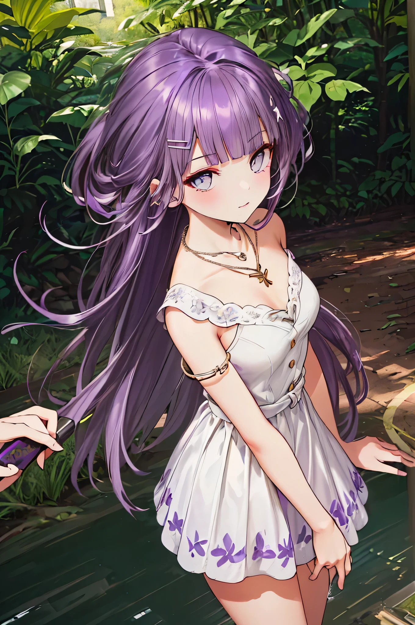 (((((purple hair,yellow necklace,))))),((((((outdoor,beautiful cathedral, dappled sunlight,)))))(((white wedding gown,white short skirt))), (geometric:1.1), ((mature,amazing,cute girl,Solo,cowboy shot,))(Masterpiece,Best quality, offcial art, Beautiful and aesthetic:1.2),(16k),((small breasts)),(god lighting,),Sharp focus, (((highdetailskin,))),Intricately detailed clothing,Delicate pupils,((((long hair|detailed hair||blunt bangs|sidelocks)))),Slender,(masterpiece sidelighting),(The sheen),(beautiful hair,beautiful eyes,)((unbelievable Ridiculous quality,blur background,bokeh:60mm)),((extremely_Detailed_Eyes_and_face)),Movie girl,(Dynamic posture:1.2),Brilliant,Glossy, ((hairclip)),Ultra-precise depiction, Ultra-detailed depiction,(((purple hair))),cathedral background,