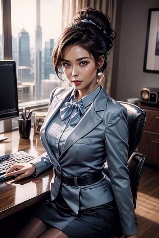 Beautiful and sexy secretary in a light blue suit、1 girl、Delicate face、Detailed eyes and face、double eyelid、Glossy lips、Dark brown updo、Sexy Secretary Cosplay、Black Stockings、Highly detailed costume、Mature sexy woman、very beautiful、A beautiful woman、8K,highest quality, masterpiece、Ultra-high resolution、Full body portrait, Official Art、High-definition skin texture、Sharp long legs、In an office on a high floor