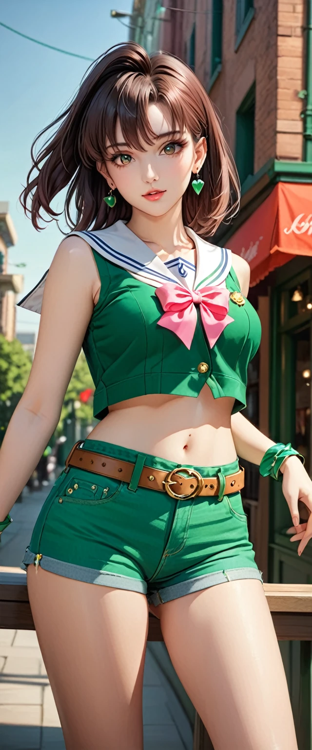 (best quality, masterpiece:1.2), 1girl, beautiful face, beautiful body, Sailor Jupiter, earrings, denim, belt, vibrant colors, realistic lighting, detailed shading, professional portrait, dynamic pose, urban background