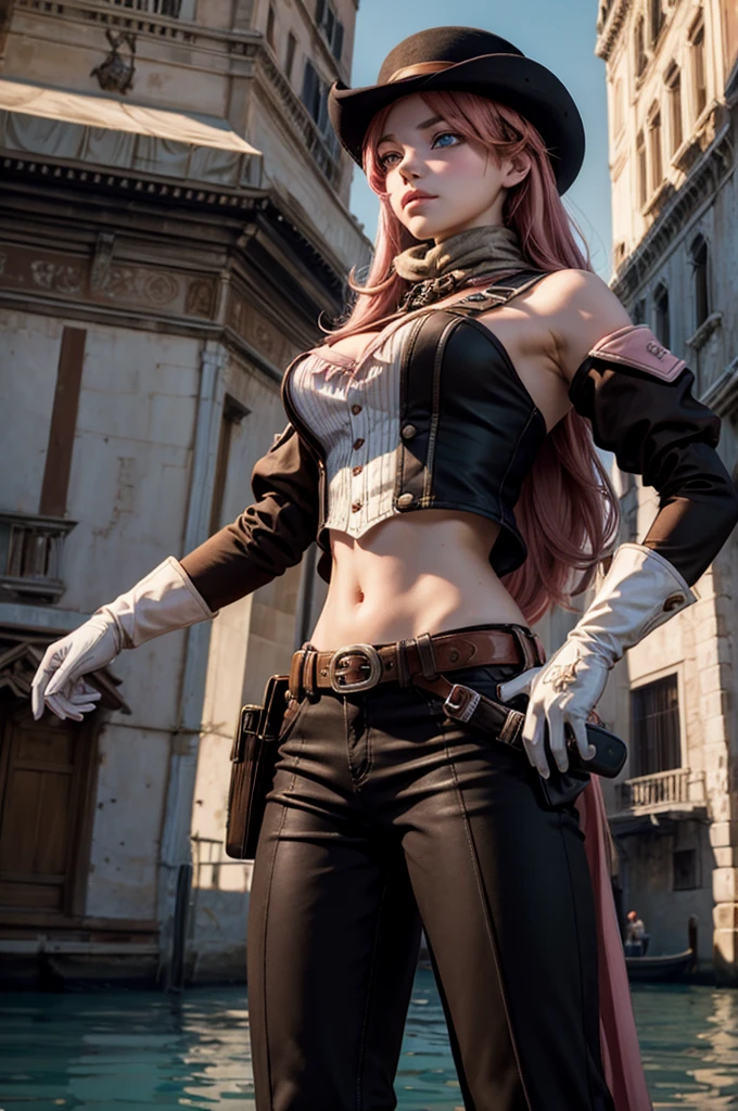 neopolitan, neopolitan, long hair, brown hair, (brown eyes:1.3), pink hair, multicolored hair, pink eyes, two-tone hair, (heterochromia:1.2), split-color hair, BREAK gloves, hat, navel, brown eyes, detached sleeves, midriff, belt, pants, white gloves, black headwear, bowler hat, BREAK outdoors, dystopian future, venice, italy, river, gondola, (crowd in military uniforms), bonfires, BREAK looking at viewer, (cowboy shot:1.5), BREAK (masterpiece:1.2), best quality, high resolution, unity 8k wallpaper, (illustration:0.8), (beautiful detailed eyes:1.6), extremely detailed face, perfect lighting, extremely detailed CG, (perfect hands, perfect ???????),