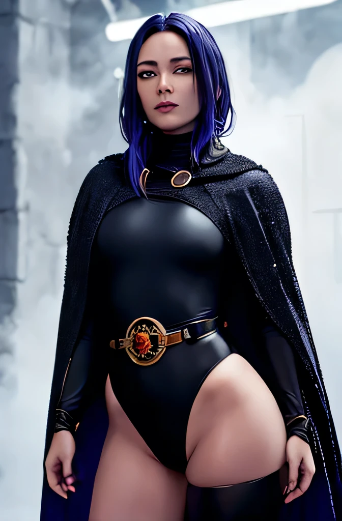 1girl, cowboy shot of rvn, hotraven, pale skin, black leotard, turtleneck, tights, cape, hood, glowing eyes, gold belt, jewels, medallion, athletic, looking at viewer, night, dark forest, mist, fog, volumetric lighting, best quality, masterpiece, intricate details, tonemapping, sharp focus, hyper detailed, trending on Artstation, realistic