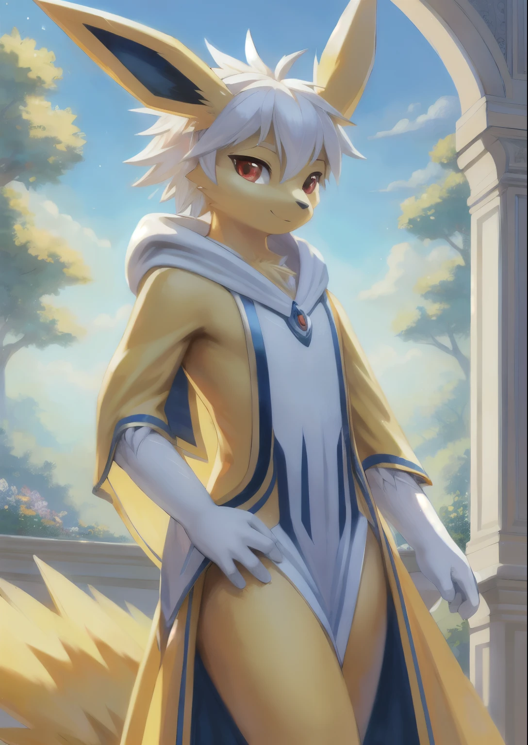 (Masterpiece, Best Quality, Highres:1.4), (anthro) Detailed, Intricate Details, 4K, (Pokémon), (jolteon), (furry) extremely detailed fur, red eyes, best quality, white hair. white style hair. tail. long tail, dark poncho, (2 ears), good anatomy, looking at the viewer