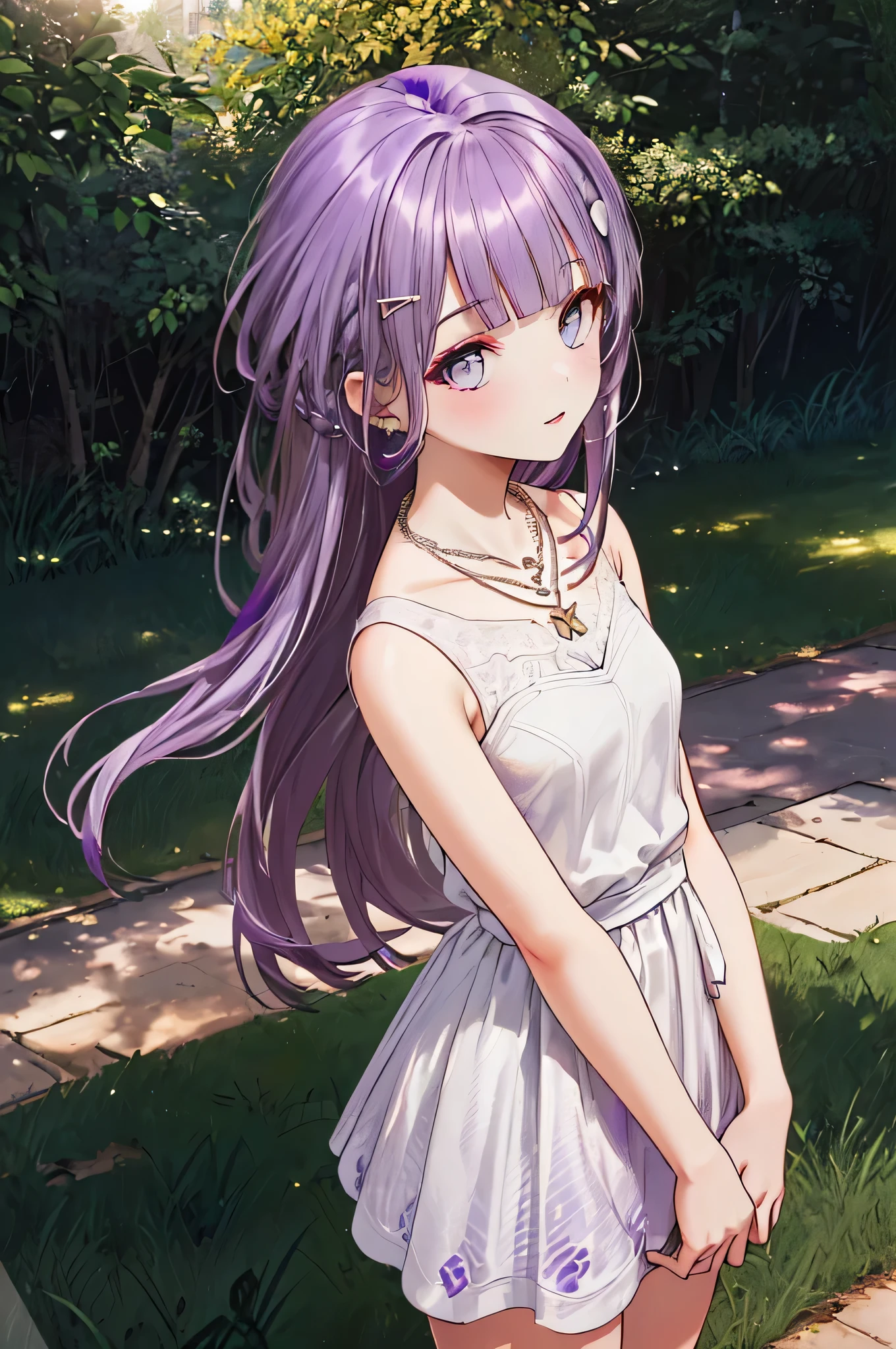 (((((purple hair,yellow necklace,))))),((((((outdoor,beautiful cathedral, dappled sunlight,)))))(((white wedding gown,white short skirt))), (geometric:1.1), ((mature,amazing,cute girl,Solo,cowboy shot,))(Masterpiece,Best quality, offcial art, Beautiful and aesthetic:1.2),(16k),((small breasts)),(god lighting,),Sharp focus, (((highdetailskin,))),Intricately detailed clothing,Delicate pupils,((((long hair|detailed hair||blunt bangs|sidelocks)))),Slender,(masterpiece sidelighting),(The sheen),(beautiful hair,beautiful eyes,)((unbelievable Ridiculous quality,blur background,bokeh:60mm)),((extremely_Detailed_Eyes_and_face)),Movie girl,(Dynamic posture:1.2),Brilliant,Glossy, ((hairclip)),Ultra-precise depiction, Ultra-detailed depiction,(((purple hair))),cathedral background,