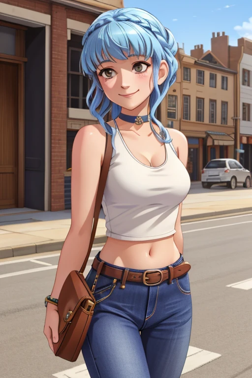 marianne fe, 1girl, solo, city background, jeans, tank top, midriff, choker, handbag, smile, blush, cowboy shot
