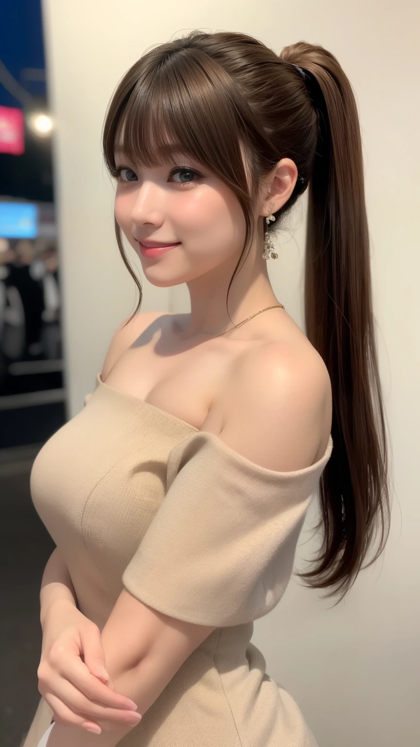 highest quality、Natural Lip、Fair skin、Great light、Beautiful lighting、((Straight hair))、((Ponytail Hair))、((Brown Hair))、Blunt bangs、Large Breasts、Large Breastsの谷間、Off the shoulder、白いOff the shoulderTシャツ、mini skirt、Gorgeous Accessories、Harajuku at night、smile、かわいいsmile、Crowd in the city at night